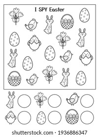 Hago una hoja de trabajo en blanco y negro para la Pascua de Espiar.  Actividad educativa y página de coloración para niños. Práctica de escritura a mano. Ilustración del vector