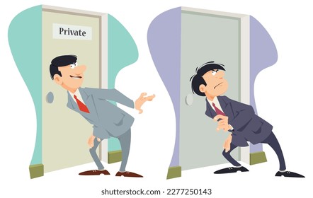 Espionaje espía. Un hombre curioso está escuchando detrás de la puerta. Gente divertida. Plantilla de concepto de ilustración para sitio web, página de inicio web, banner, presentación, social, afiche, promoción o medios impresos.