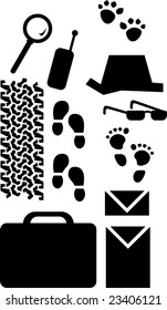 Spy elements like tires, radio, magnifying glass, sunglasses, hat, portfolio and folders