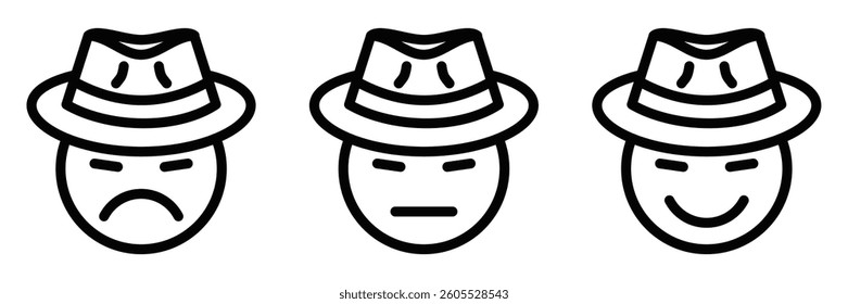 Spy emotions faces with hats vector icon. Editable stroke.