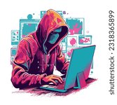 spy engaged in cyber espionage, sitting at a computer with a hoodie or mask, surrounded by screens and code