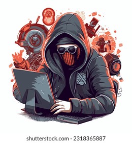 spy engaged in cyber espionage, sitting at a computer with a hoodie or mask, surrounded by screens and code