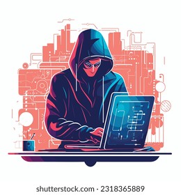 spy engaged in cyber espionage, sitting at a computer with a hoodie or mask, surrounded by screens and code