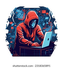 spy engaged in cyber espionage, sitting at a computer with a hoodie or mask, surrounded by screens and code