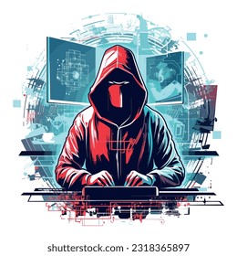 spy engaged in cyber espionage, sitting at a computer with a hoodie or mask, surrounded by screens and code