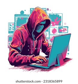 spy engaged in cyber espionage, sitting at a computer with a hoodie or mask, surrounded by screens and code