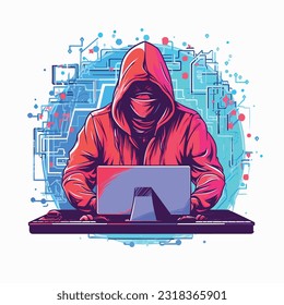 spy engaged in cyber espionage, sitting at a computer with a hoodie or mask, surrounded by screens and code