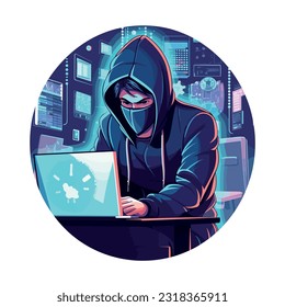 spy engaged in cyber espionage, sitting at a computer with a hoodie or mask, surrounded by screens and code