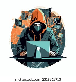 spy engaged in cyber espionage, sitting at a computer with a hoodie or mask, surrounded by screens and code