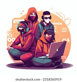 Spionage im Bereich der Cyberspionage, sitzend an einem Computer mit Hoodie oder Maske, umgeben von Bildschirmen und Code