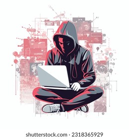 espía involucrado en el ciberespionaje, sentado en una computadora con capucha o máscara, rodeado de pantallas y código