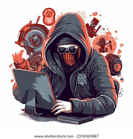 spy engaged in cyber espionage, sitting at a computer with a hoodie or mask, surrounded by screens and code