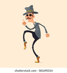 spy in fedora hat and sunglasses sneaking on tiptoe