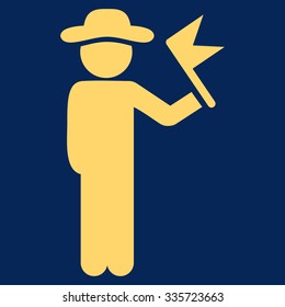 Spy With Flag vector icon. Style is flat symbol, yellow color, rounded angles, blue background.