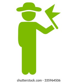 Spy With Flag vector icon. Style is flat symbol, eco green color, rounded angles, white background.