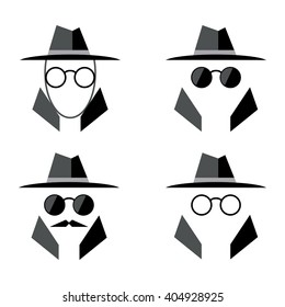 Spy flat icon set. Incognito icon logo. Eyeglasses and hat icon. Man in suit vector illustration