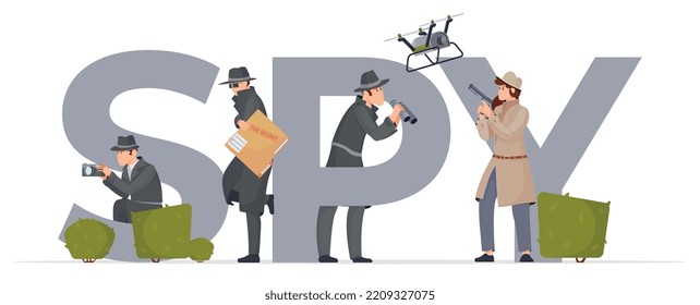 Spy-Flachtext mit großen grauen Buchstaben und männlichen Buchstaben in schwarzen Kleidern und Brillen mit Kanonenkamera, Vektorgrafik