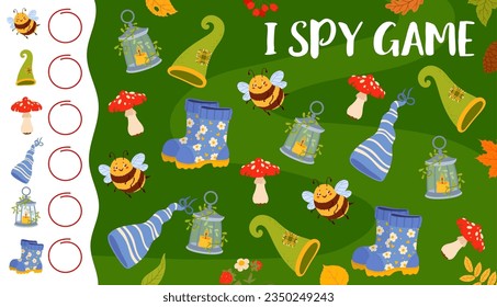 I spy game with autumn leaves, animals, plants and gnome garden tools. Counting playing activity, object finding game vector worksheet with bumblebee, rubber boot, mushroom, lantern and gnome hat