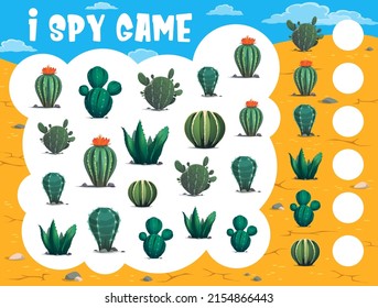 I spy game. Cactuses in desert. Child counting puzzle, kids educational riddle with objects searching and counting task. Children math quiz vector worksheet with desert plants, succulents or cactuses