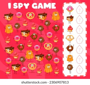 I spy game cartoon bakery, sweets and dessert characters. Kids vector math rebus count how many donuts, cakes, muffins or pretzels, cookie and baba funny personage. Riddle task for preschool education