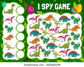 I spy game with cartoon dinosaurs. Vector educational kids puzzle with cute dino characters. Development of numeracy skills and attention, cartoon riddle page. Maths worksheet, baby education task