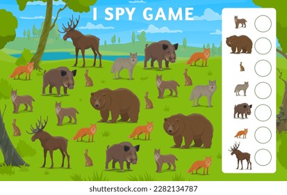 I spy game cartoon hunting forest animals and birds. Vector boardgame worksheet, guessing playing activity with , boar, bear, moose or elk, fox, hare and lynx standing on green lawn at summer wood