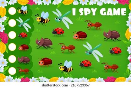 I spy game of cartoon insect characters on summer meadow. Kids education game worksheet, vector puzzle, riddle or quiz with funny ladybug, bee, dragonfly and bug, ant and rhinoceros beetle personages