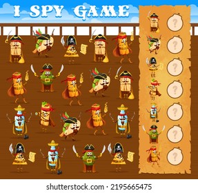 I spy game, cartoon mexican food pirate and corsair characters. Kids vector quiz worksheet puzzle with tex mex tamales, tacos, burrito and nachos, chimichanga, tequila and avocado personages svg