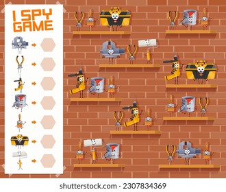 I spy game cartoon repair DIY work tool characters, vector kids quiz worksheet. Find and match same funny toolbox and drill, carpentry pliers and paintbrush with woodwork vise or paint bucket