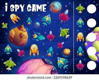 I spy game cartoon starship, starcraft and space shuttles. Kids vector riddle with cartoon rockets and ships in cosmos or galaxy. How many spaceships children test, education task for children