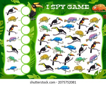 Spy game cartoon toucans and chameleons in tropical jungle. Vector kids riddle with tropical birds and lizards characters. Educational children puzzle for development of numeracy skills and attention