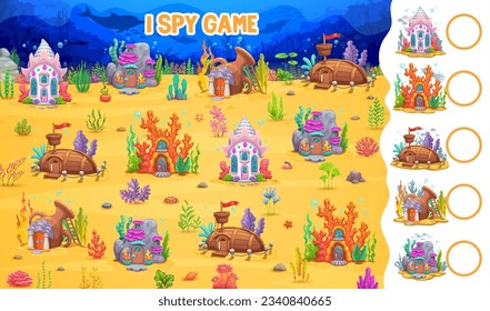 I spy game, cartoon underwater landscape with sea fairytale houses, kids vector puzzle worksheet. Find and match same dwellings in ocean seashell, coral or sunken boat and pot home in undersea