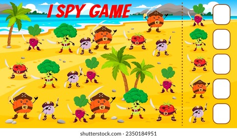 I spy game, cartoon vegetable pirate or corsair characters. Kids vector math riddle count how many radish, broccoli, tomato, pumpkin and garlic personages. Children educational test, mathematics task