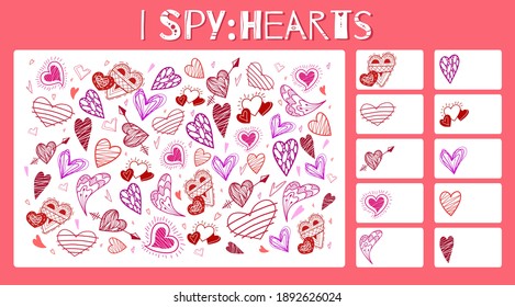 I spy game. Childrens educational fun. Count how many elements. Doodle hearts with hatching, arrows and wings. Valentines Day holiday. Vector template for preschool games.