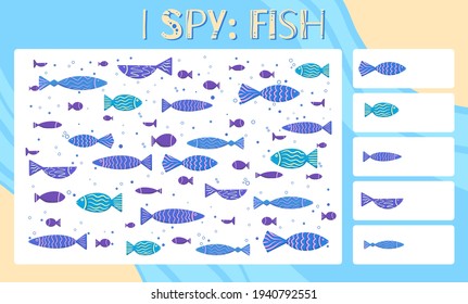 I spy game. Childrens educational fun. Count how many elements. Hand drawn cartoon flat fishes with decoration. Happy fishing. Vector template for preschool games.