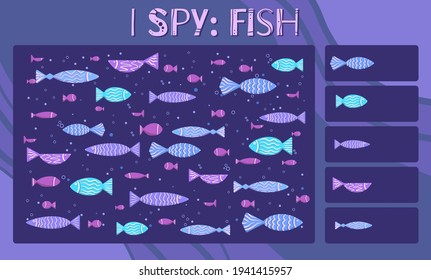 Espio. Diversión educativa de los niños. Cuente cuántos elementos. Peces planos dibujados a mano con dibujos animados con decoración de fondo azul oscuro. Feliz pesca. Plantilla vectorial para juegos preescolares.