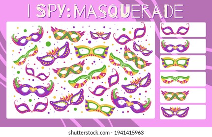 I spy game. Childrens educational fun. Count how many elements. Flat hand drawn cartoon masquerade masks. Mardi Gras holiday. Theater and opera. Vector template for preschool games.