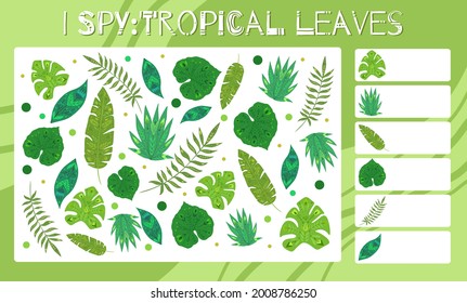 I spy game. Childrens educational fun. Count how many nature elements. Flat hand drawn tropical leaves with folk ornaments. Vector jungle template worksheet for preschool games.