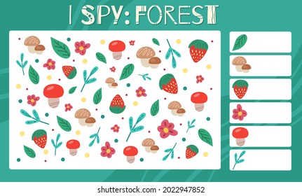 I spy game. Childrens educational fun. Count how many forest elements. Flat hand drawn mushroom, strawberry, leaves and dots. Vector natural template for preschool games. Education task sheet