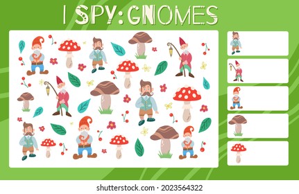 Espio. Diversión educativa de los niños. Cuenta cuántos gnomos hay. champiñones planos, fresa, leprechaun y flores. Plantilla de hadas vectoriales para juegos preescolares. Hoja de tareas de educación