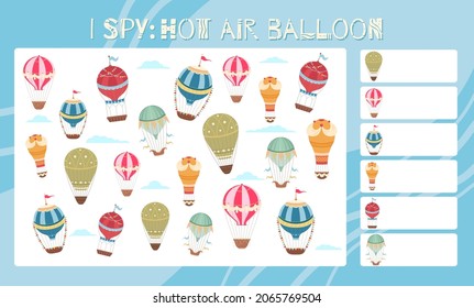 Ich spioniere Spiel. Kindererziehung macht Spaß. Zähl wie viele Heißluftballons! Cartoon-Flugzeuge, Vintage-Ballons und Luftschiff. Vektorvorlage für Vorschulspiele. Aufgabenbereich Bildung