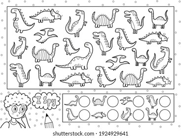 I spy game coloring page for kids. Find and count cute dinosaurs. Search the same object black and white puzzle. How many elements are there. Vector illustration