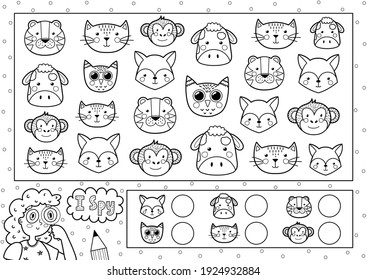 I spy game coloring page for kids. Find and count cute animals. Search the same object black and white puzzle. How many elements are there. Vector illustration