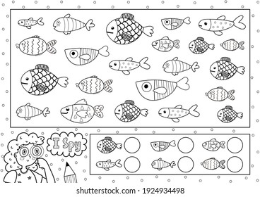 I spy game coloring page for kids. Find and count cute fish. Search the same object black and white puzzle. Sea life theme. Vector illustration