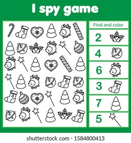 I spy game. Count christmas and new year objects. Winter holidays activity for kids, toddlers, children