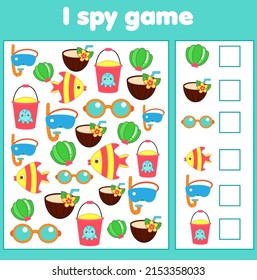 I Spy Game. Count Summertime Beach Objects. Summer Holidays Activity For Kids, Toddlers, Children