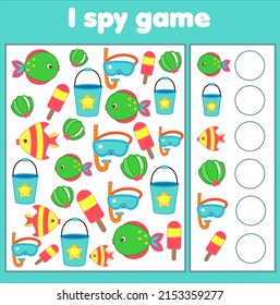 I spy game. Count summertime beach objects. Summer holidays activity for kids, toddlers, children