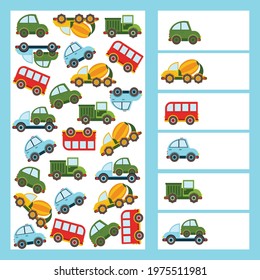 I spy game. Count the transport. Kids mini game for development.