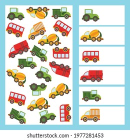 I spy game. Count the transport. Kids mini game for development.