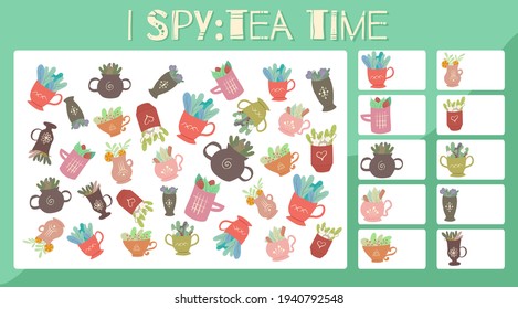I spy game. Educational entertainment for preschool and younger school age. Spring cups of herbal teas. Flat cartoon style. How many items. Counting objects.